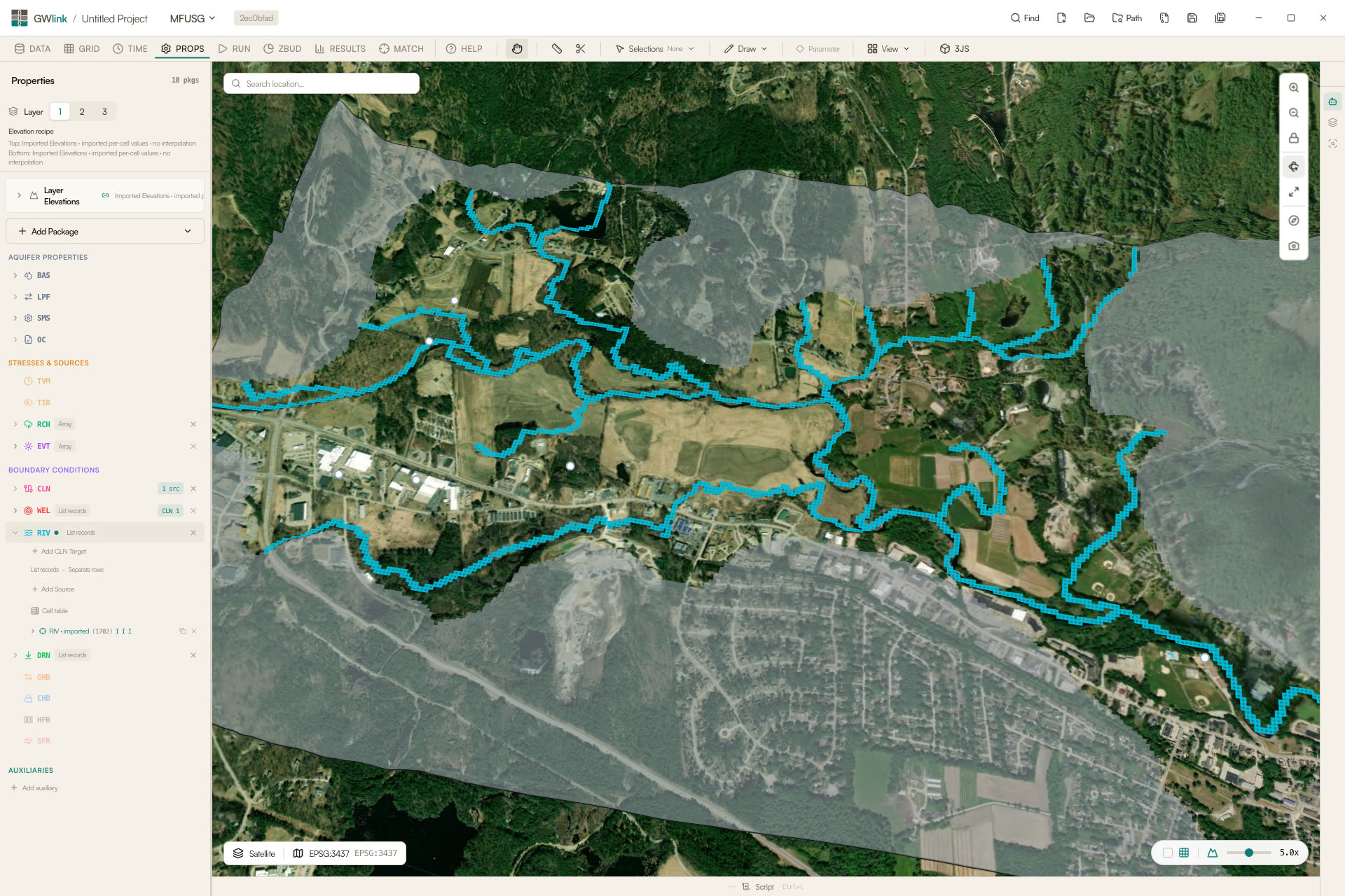 GWlink PROPS stage on the GMDSI Milford model: river package cells highlighted in blue over the satellite terrain of the Milford valley, package list on the left.
